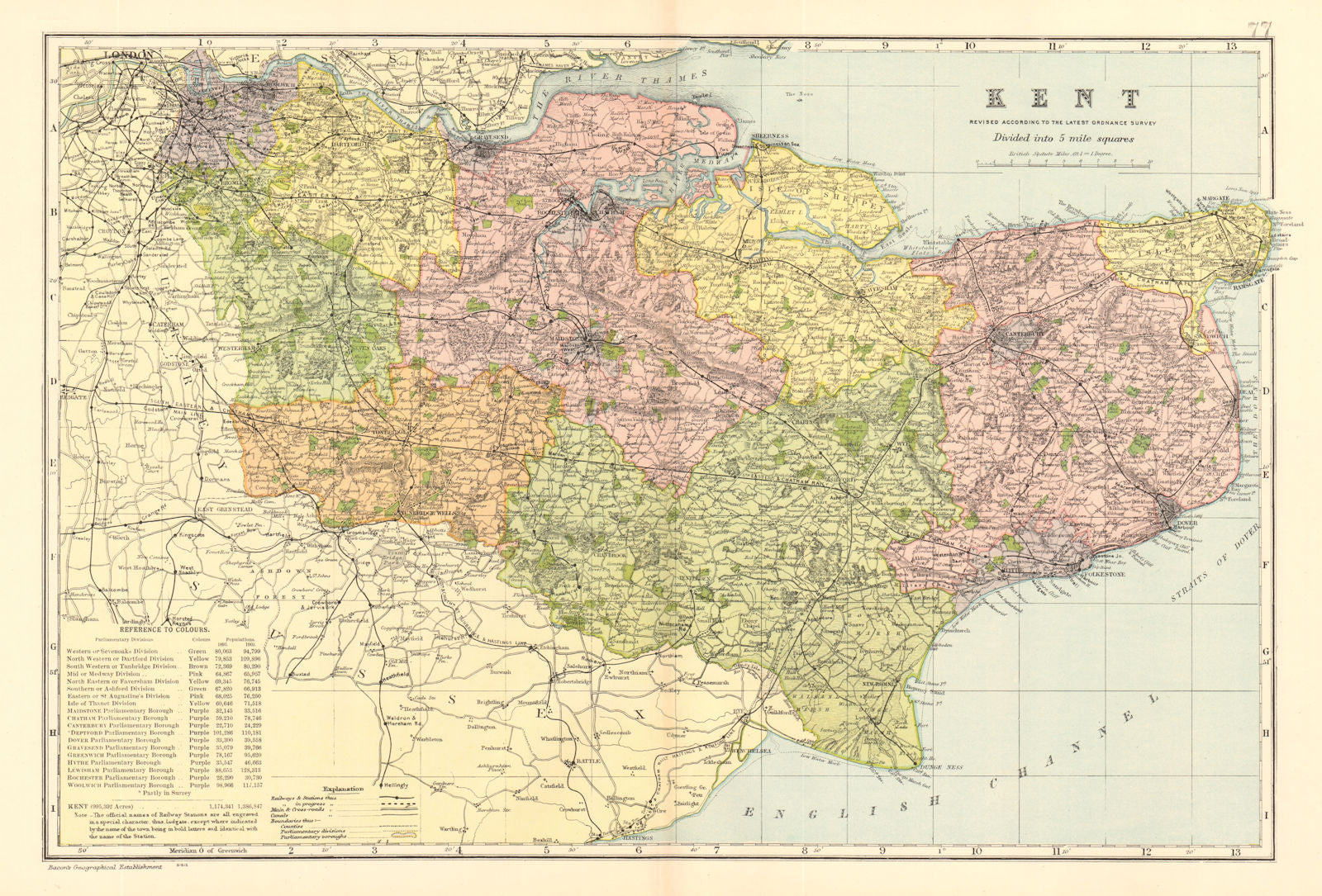 KENT county map. Parliamentary constituencies divisions. Railways. BACON 1903